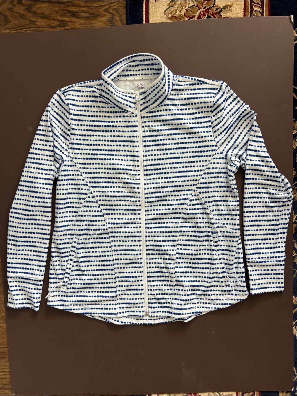 T by Talbots White Jacket with Blue Tie Dye Pattern